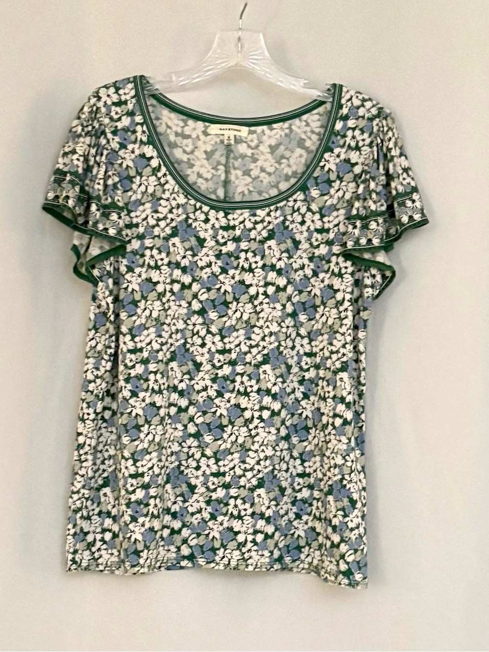 Max Studio Blue and Green Floral Ruffle Sleeve Scoop Neck Blouse